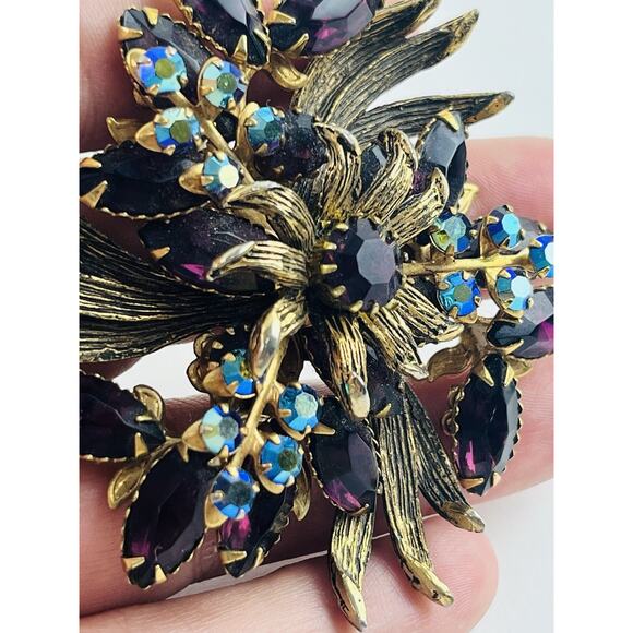 Vintage Unsigned Selro Selini Purple Rhinestone Brooch AB Flower Spray Lapel Pin - Picture 9 of 14